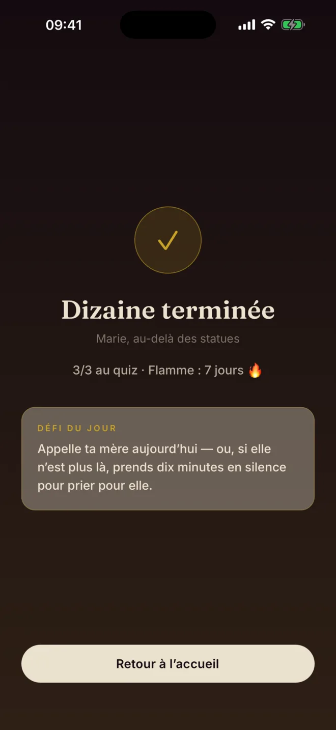 L'écran de fin de dizaine : « Dizaine terminée », 3 sur 3 au quiz, flamme à sept jours, et le défi du jour.