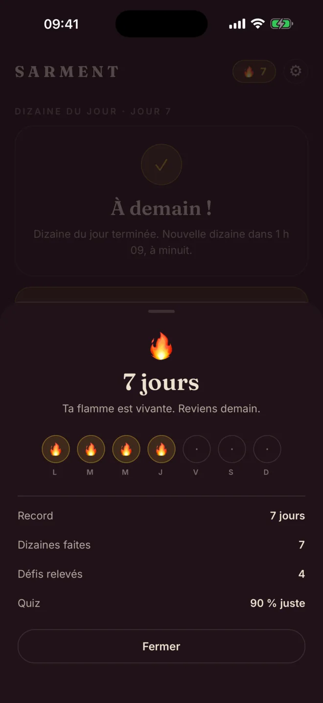 La flamme : sept jours d'affilée, la semaine en cours, le record, les dizaines faites, les défis relevés et le pourcentage de quiz justes.