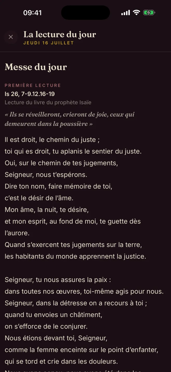 La lecture du jour : la messe du jour, première lecture du livre du prophète Isaïe, en traduction liturgique.